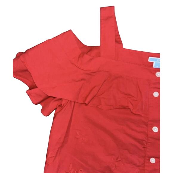 Draper James Cold Shoulder Blouse Size 4 Red Ruffles Embroidered Eyelet Trim EUC - Picture 2 of 5